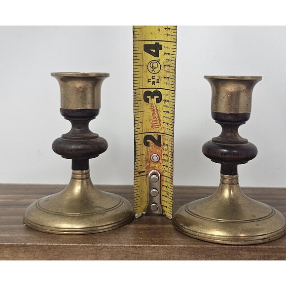 Vintage Pair of MCM Teak Wood & Brass Candle Stick Holders Tapered 3.5" - Picture 10 of 12